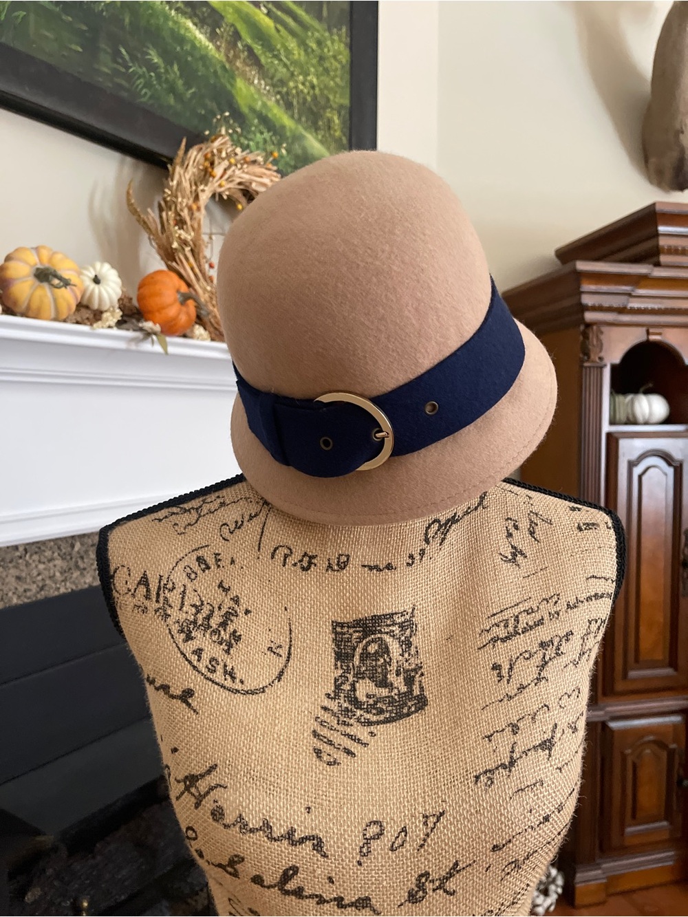 New York & Company Tan Navy Wool Cloche Fall Hat One Size NEW